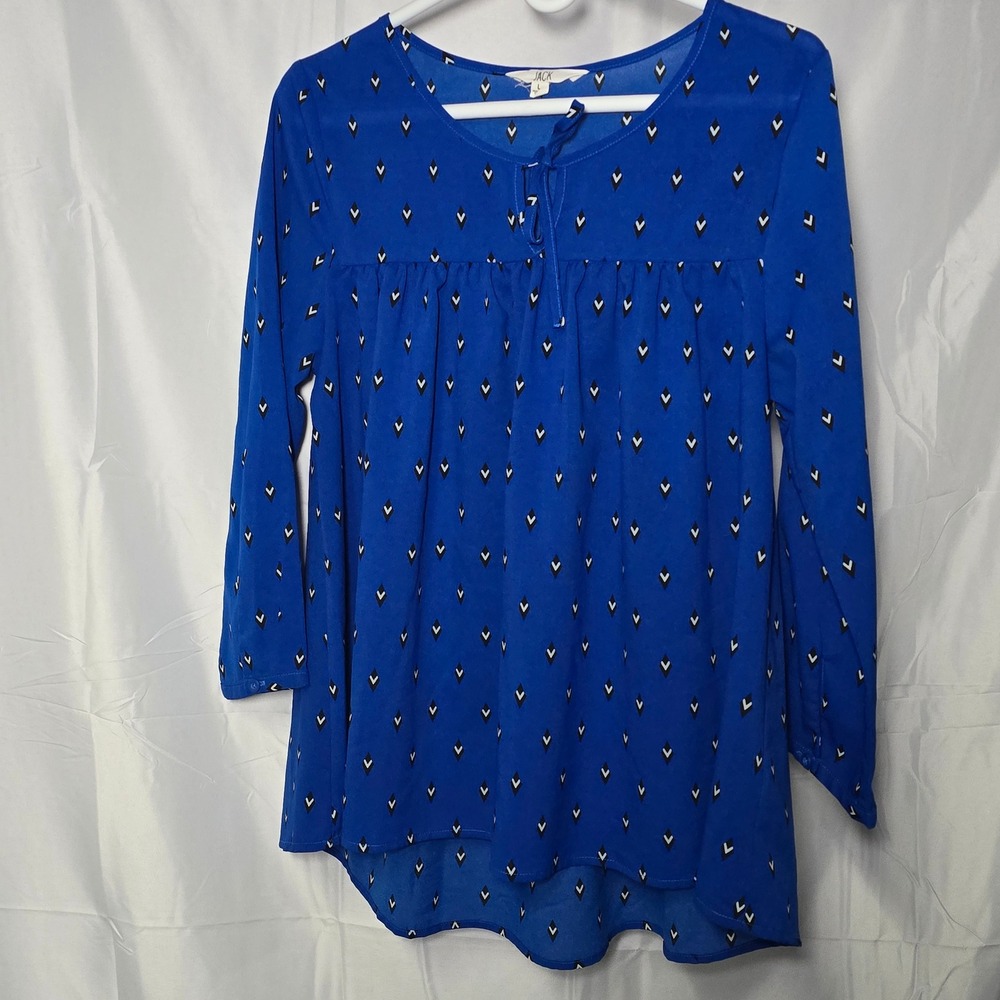 Jack womens babydoll large Blue Geometric Diamond Print Blouse Top Long Slv